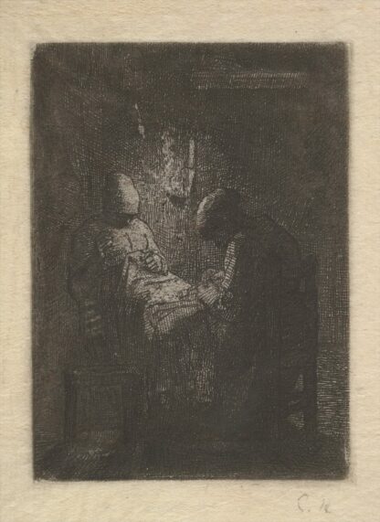 Two Women Sewing by Lamplight